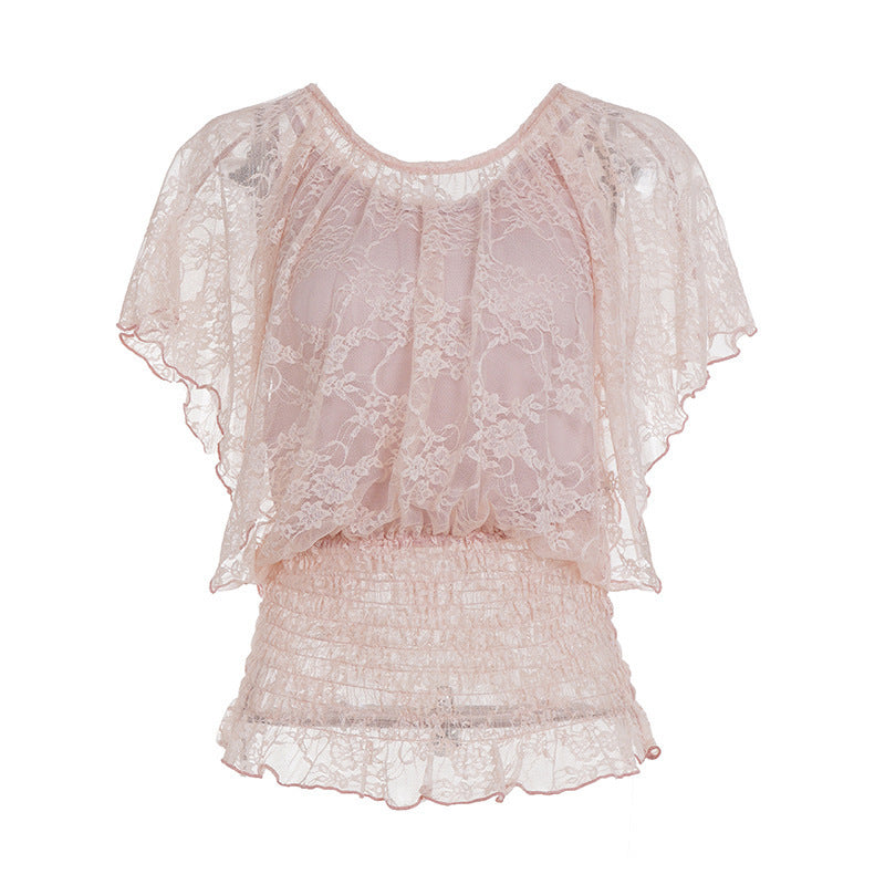 Damen spets T-shirt med elastisk volang nederkant Mirla-Eva Jonsson