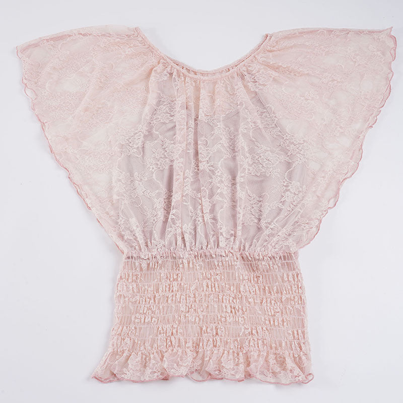 Damen spets T-shirt med elastisk volang nederkant Mirla-Eva Jonsson