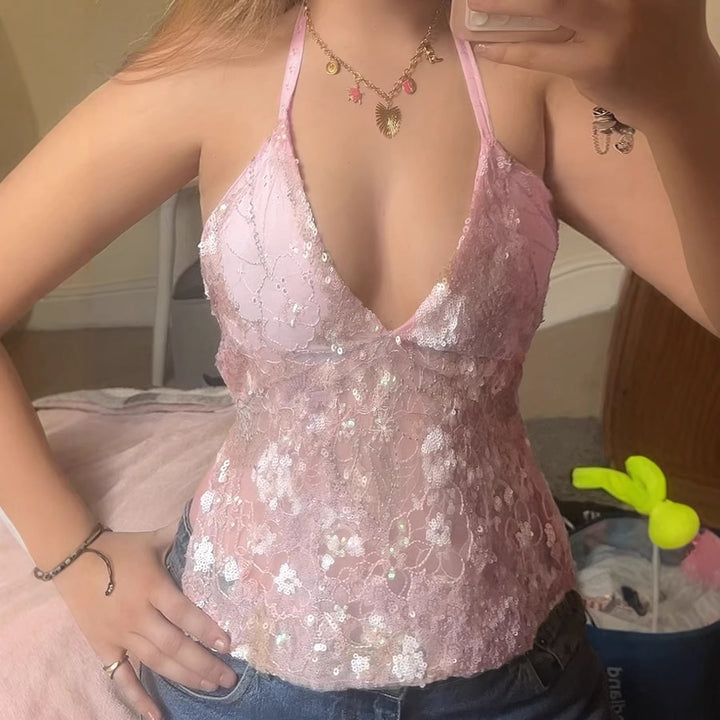 Damen spets bandeau top med blommor och justerbara axelband Mirla-Eva Jonsson