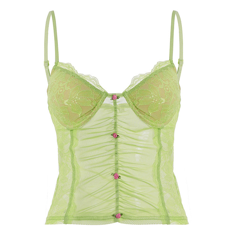 Damen spets-camisole med vacker rynkning och knappliknande accenter Mirla-Eva Jonsson
