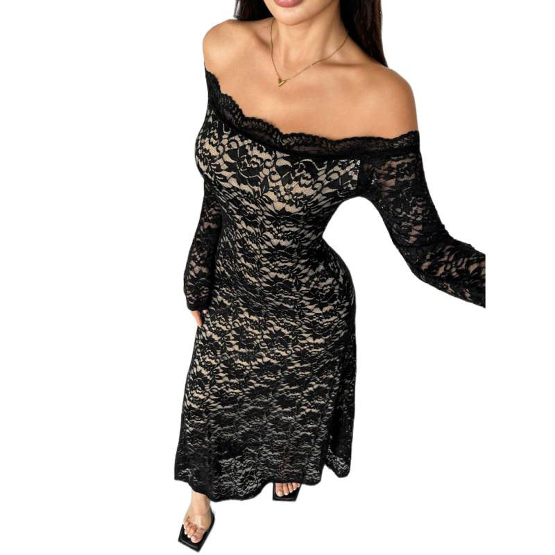 Damen spets långärmad klänning med off-shoulder design och elegant transparens Mirla-Eva Jonsson
