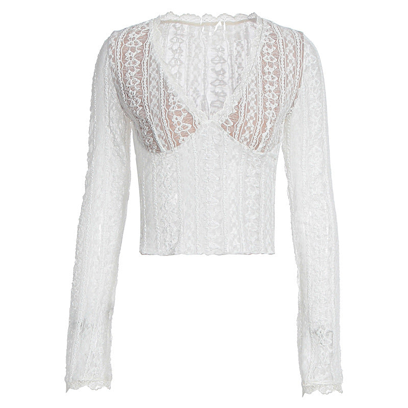 Damen spetsblus med transparent design och långa ärmar Mirla-Eva Jonsson