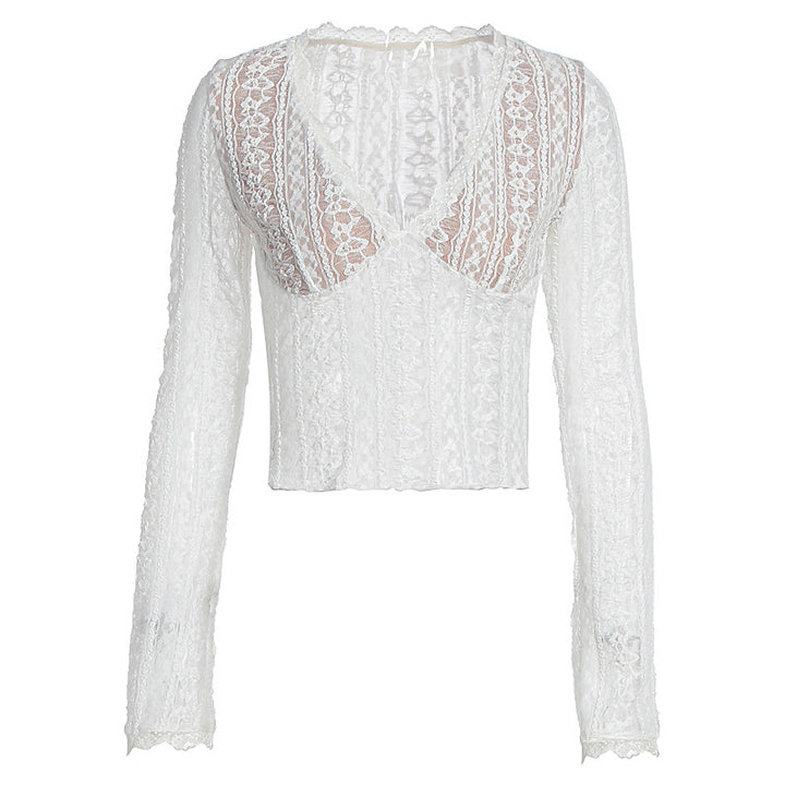 Damen spetsblus med transparent design och långa ärmar Mirla-Eva Jonsson
