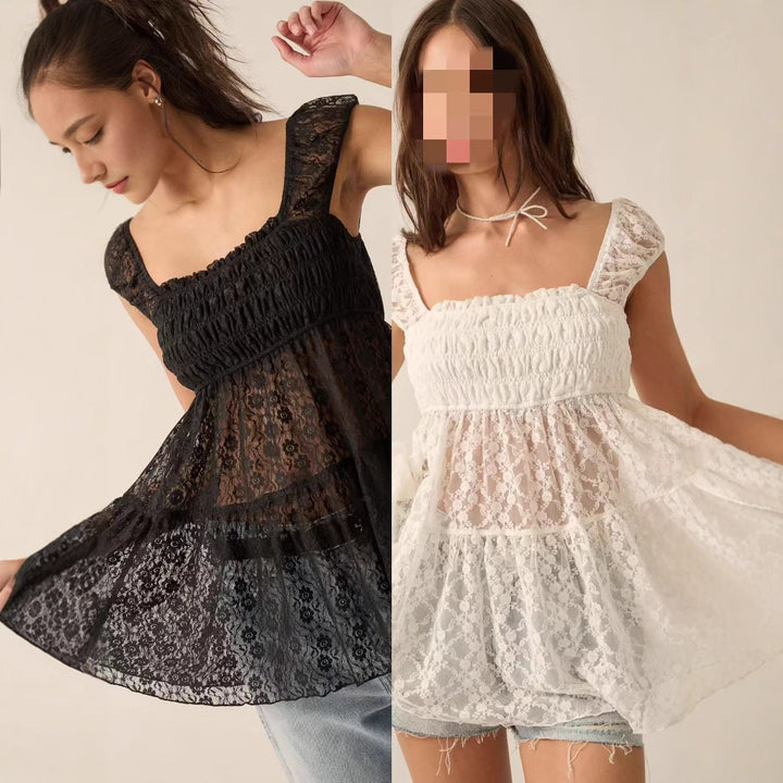 Damen spetsöverdel med ruffledetaljer och avslappnad passform Mirla-Eva Jonsson