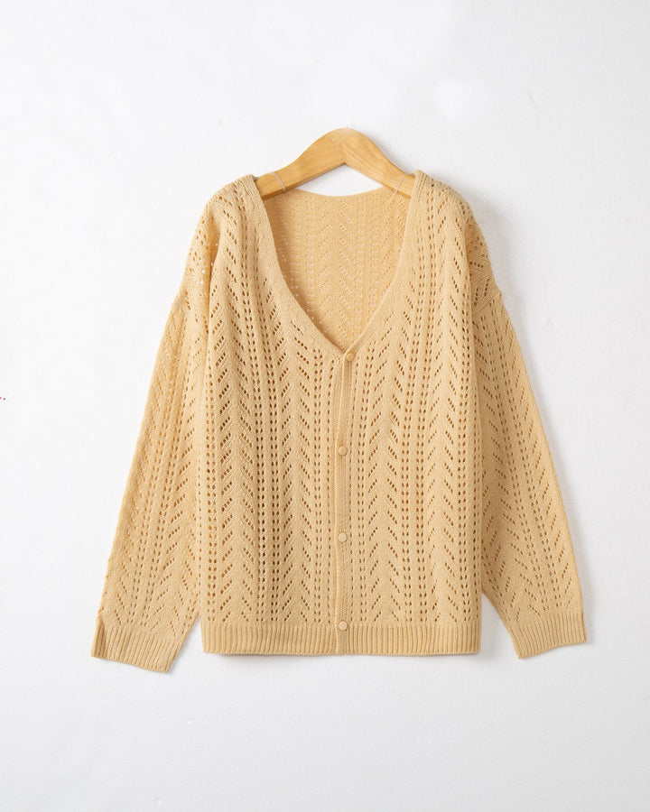 Damen stickad cardigan med luftig hålmönstring och V-ringning Mirla-Eva Jonsson