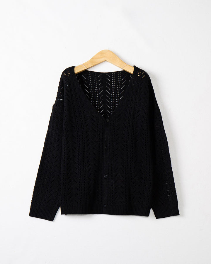 Damen stickad cardigan med luftig hålmönstring och V-ringning Mirla-Eva Jonsson