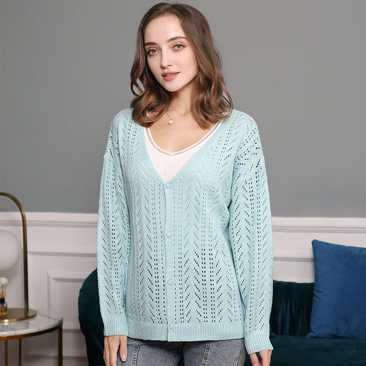 Damen stickad cardigan med luftig hålmönstring och V-ringning Mirla-Eva Jonsson