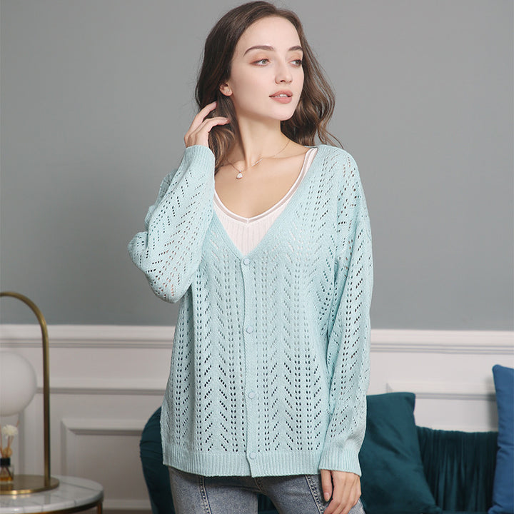 Damen stickad cardigan med luftig hålmönstring och V-ringning Mirla-Eva Jonsson