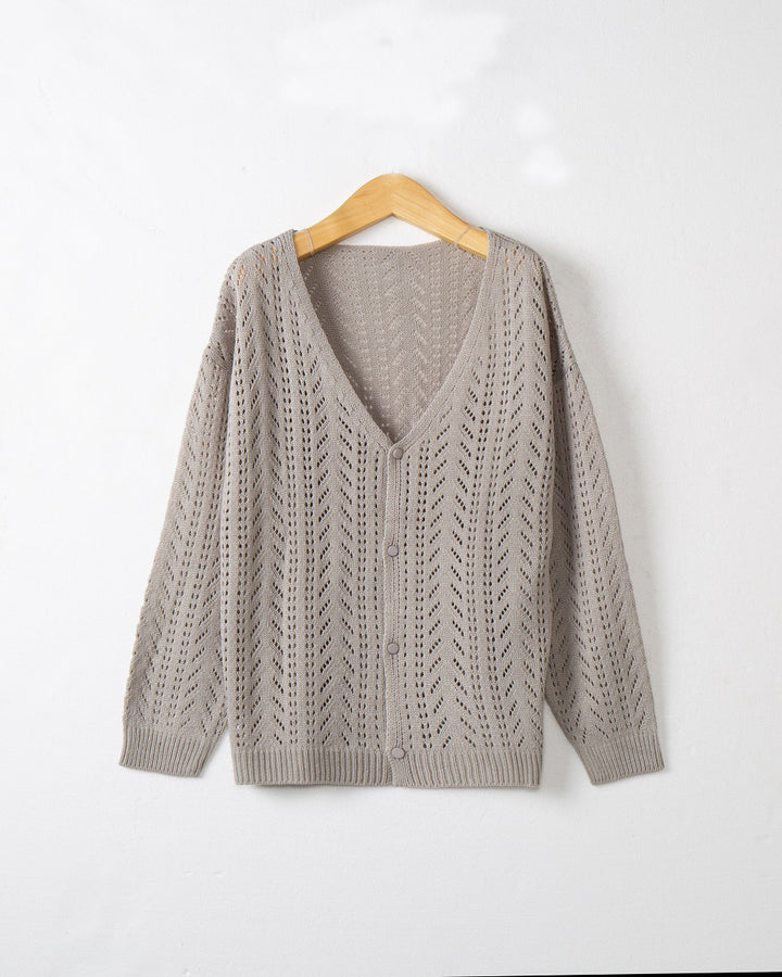 Damen stickad cardigan med luftig hålmönstring och V-ringning Mirla-Eva Jonsson