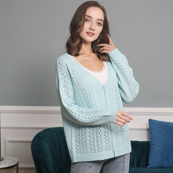Damen stickad cardigan med luftig hålmönstring och V-ringning Mirla-Eva Jonsson
