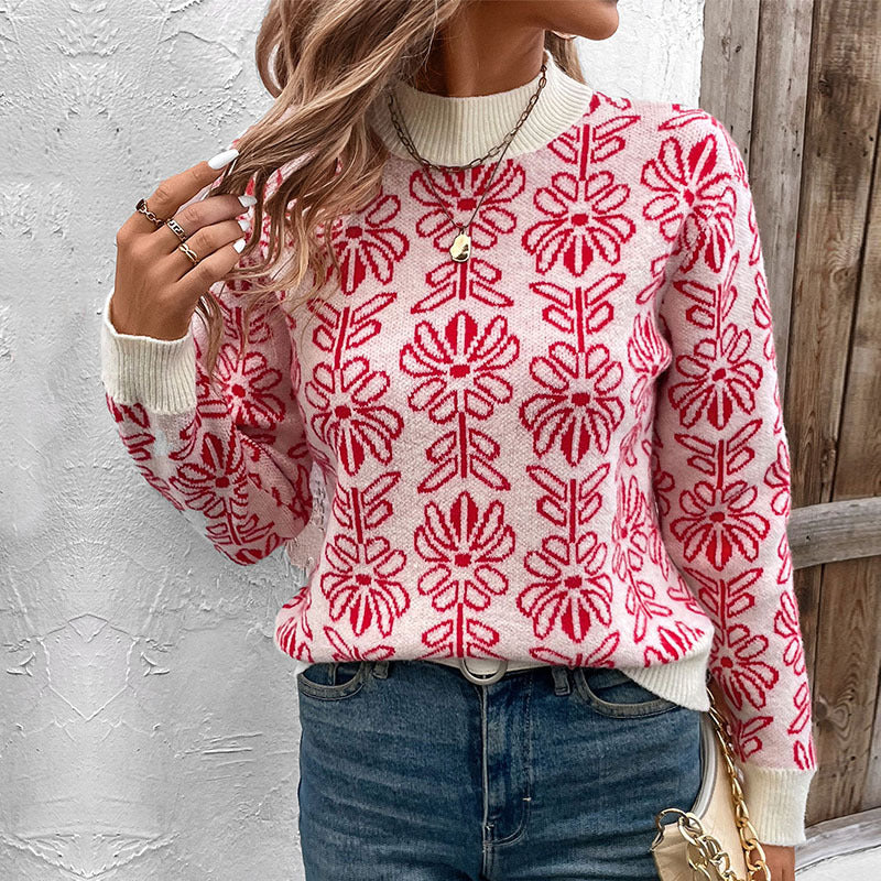Damen stickad tröja med blommönster och elegant ståkrage Mirla-Eva Jonsson
