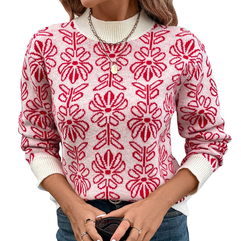 Damen stickad tröja med blommönster och elegant ståkrage Mirla-Eva Jonsson