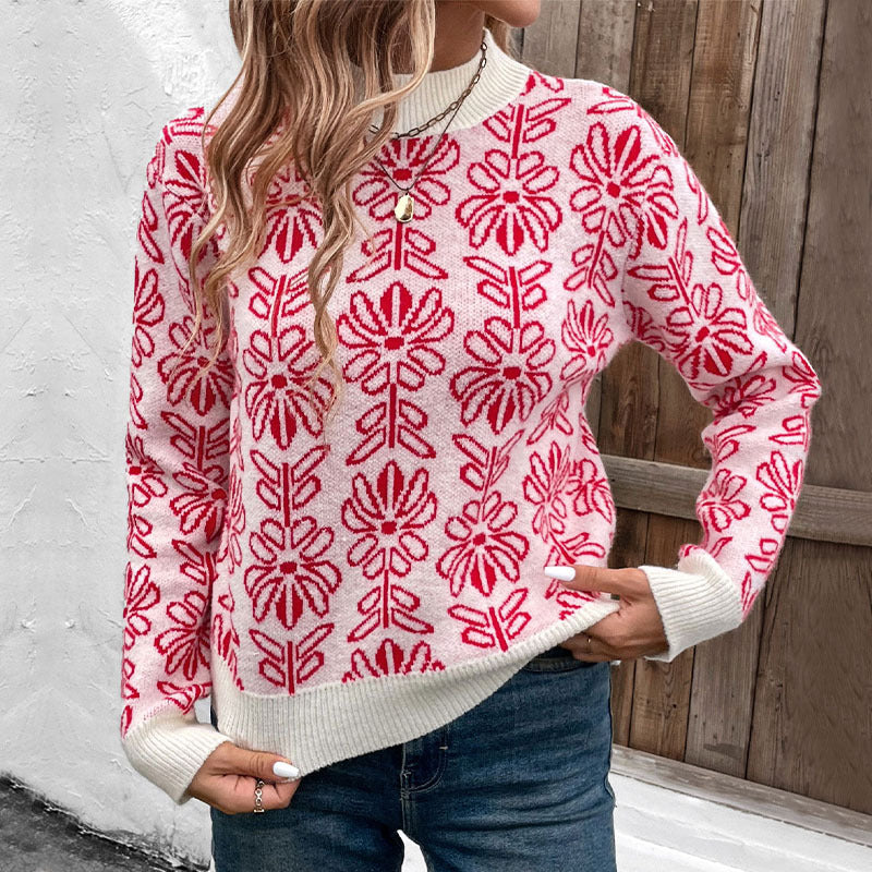 Damen stickad tröja med blommönster och elegant ståkrage Mirla-Eva Jonsson