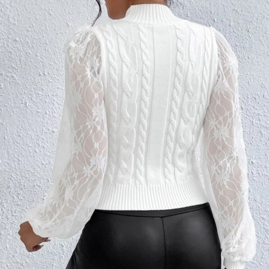Damen stickad tröja med transparenta puffärmar och flätmönster Eva Jonsson-Eva Jonsson