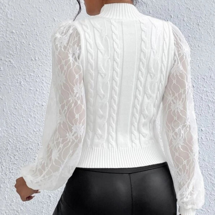 Damen stickad tröja med transparenta puffärmar och flätmönster Eva Jonsson-Eva Jonsson