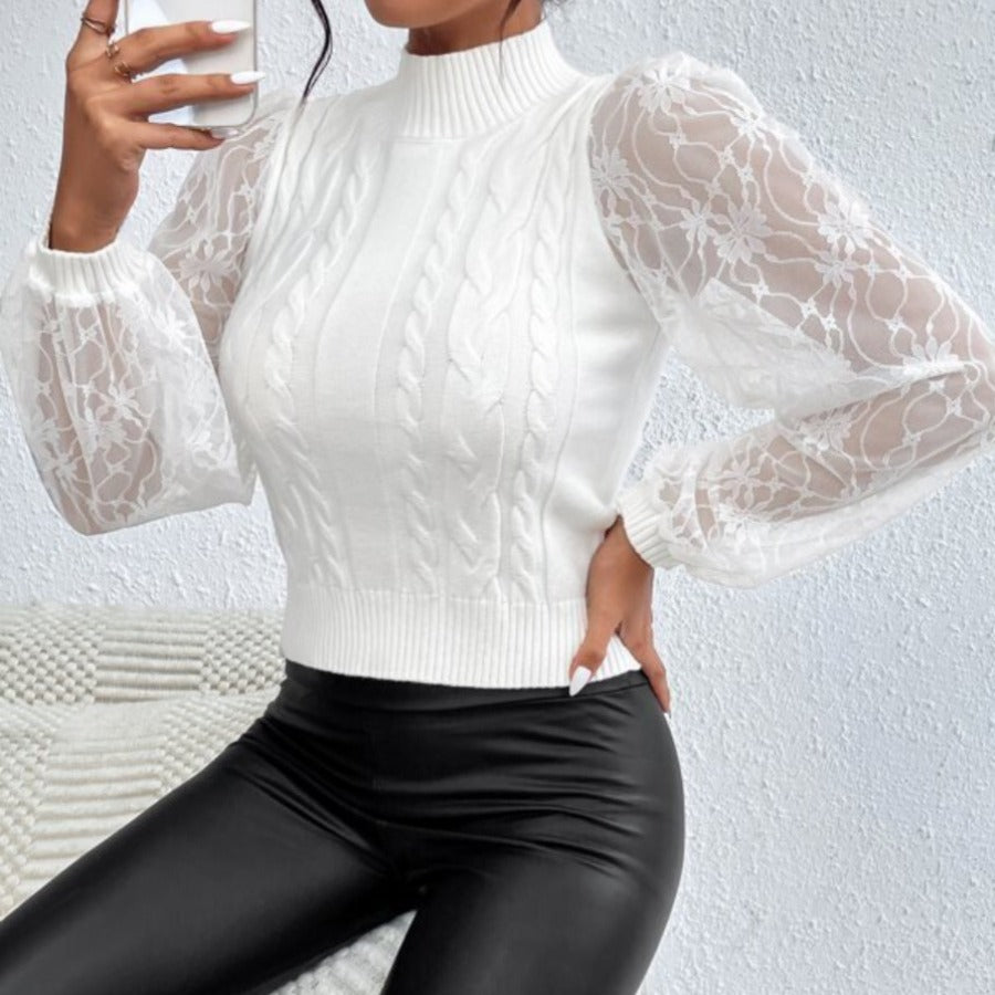 Damen stickad tröja med transparenta puffärmar och flätmönster Eva Jonsson-Eva Jonsson
