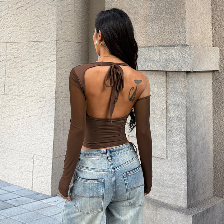 Damen stilfullt Bustier-top med långa transparenta ärmar och knutdetalj Mirla-Eva Jonsson