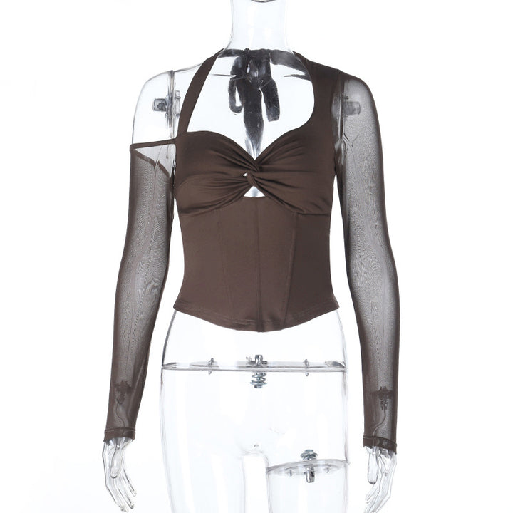 Damen stilfullt Bustier-top med långa transparenta ärmar och knutdetalj Mirla-Eva Jonsson
