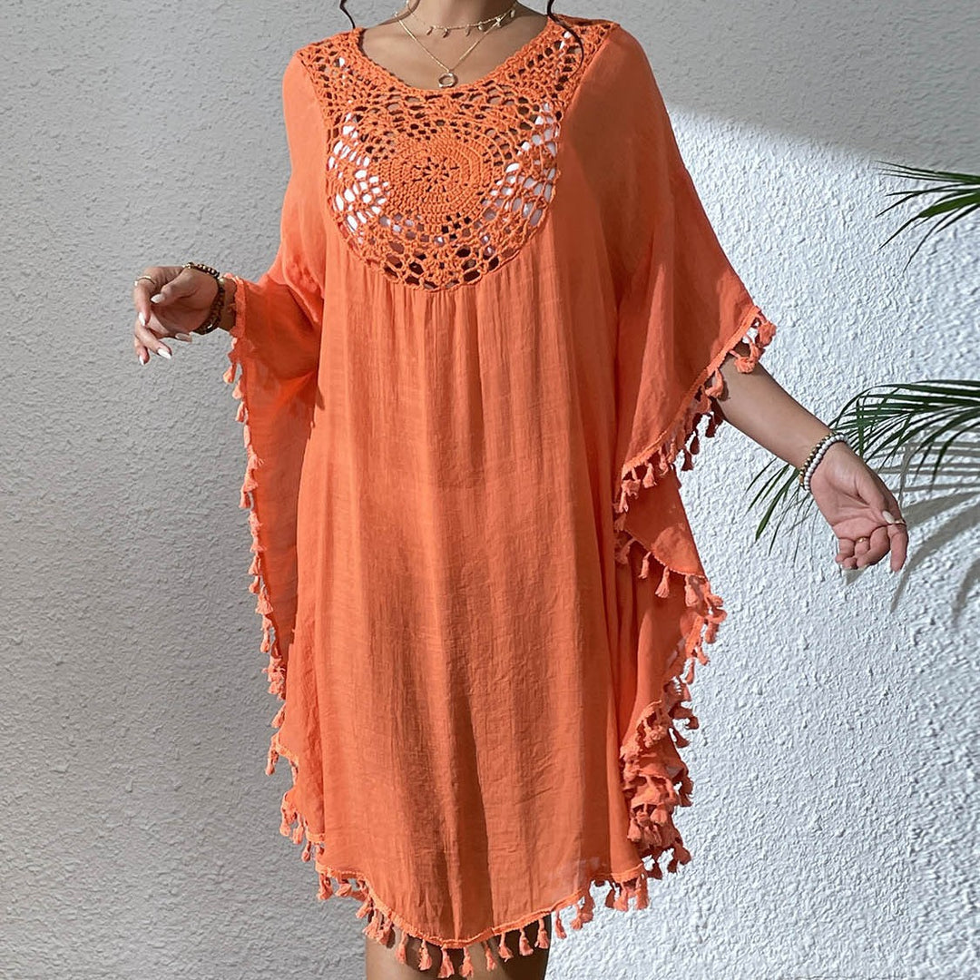 Damen strandtunika med elegant hälvmönster och fransiga detaljer Mirla-Eva Jonsson
