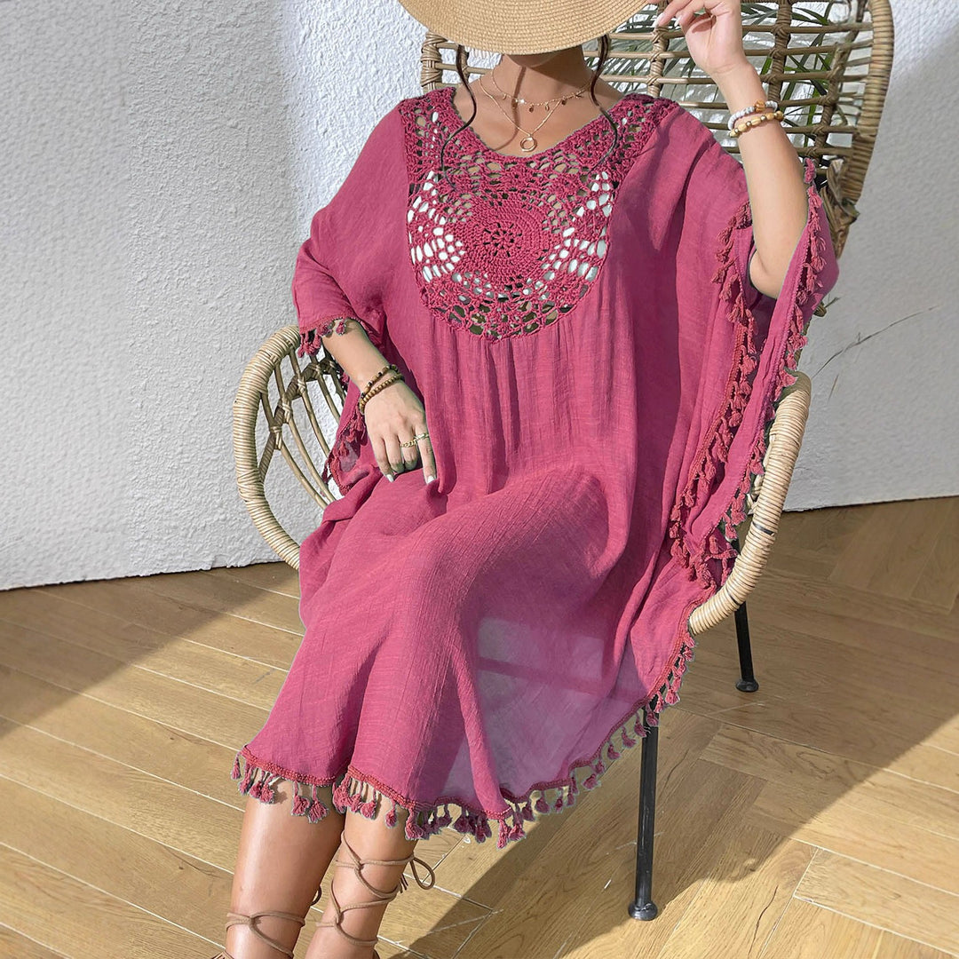Damen strandtunika med elegant hälvmönster och fransiga detaljer Mirla-Eva Jonsson