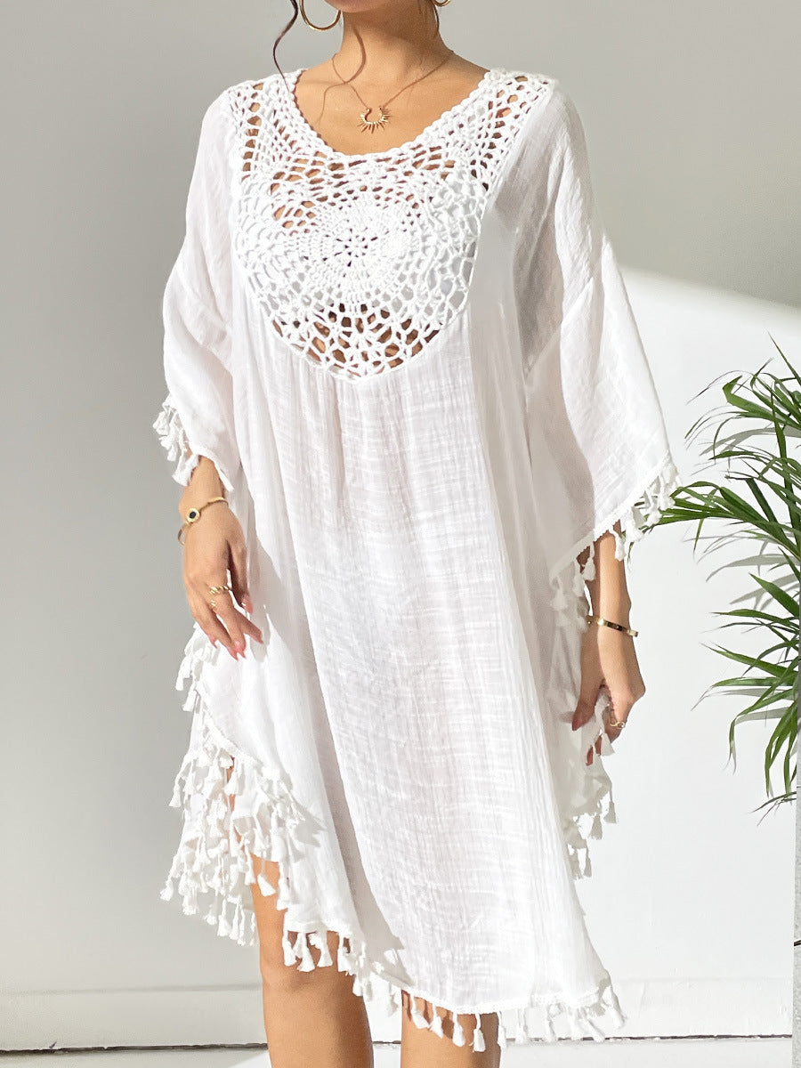Damen strandtunika med elegant hälvmönster och fransiga detaljer Mirla-Eva Jonsson