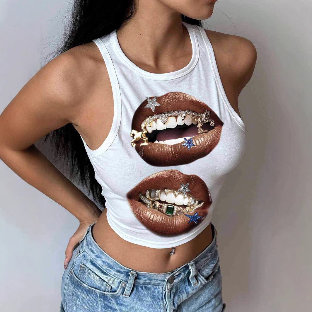 Damen tanktop med konstnärligt läppmotiv och figurnära passform Mirla-Eva Jonsson