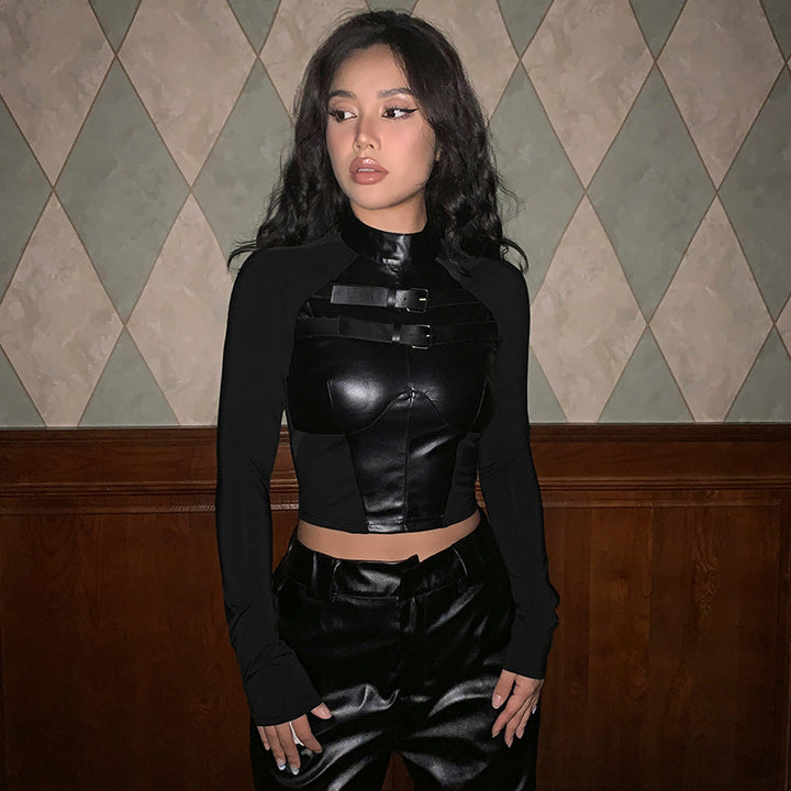 Damen trendigt konstläder crop-top med justerbara spännen Mirla-Eva Jonsson