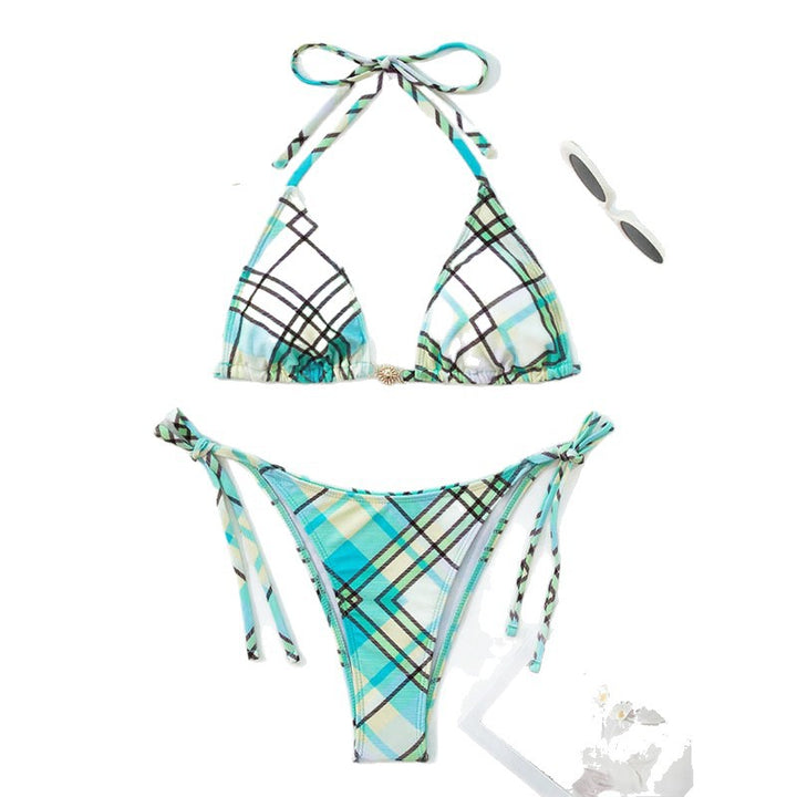 Damen triangel-bikini med modernt rutig mönster och justerbara band Mirla-Eva Jonsson