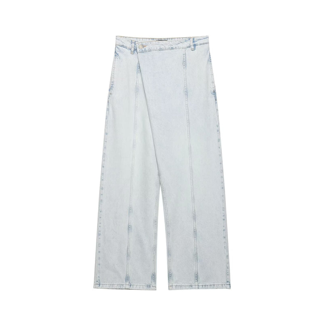Damen vid Denim-byxor med hög midja och asymmetrisk skärning Mirla-Eva Jonsson