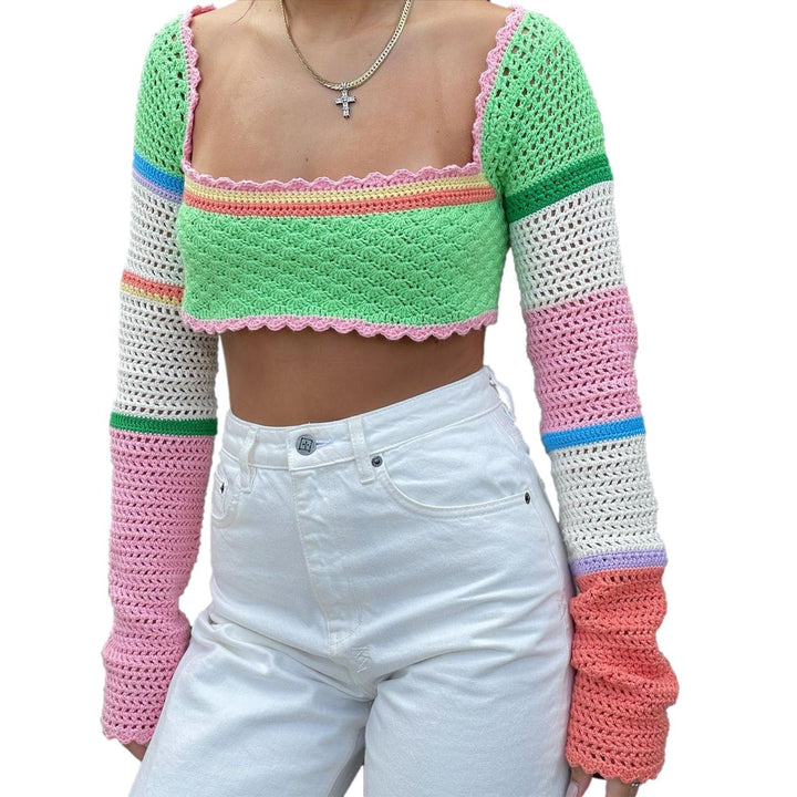Damen virkad Crop-Top med breda, färgglada ärmar Mirla-Eva Jonsson