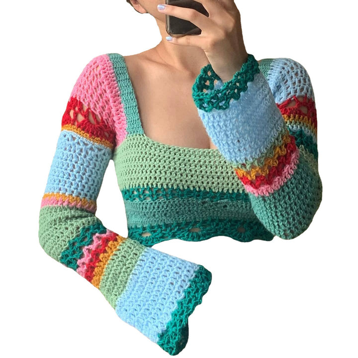 Damen virkad crop-top med långa ärmar och udda nederkant Mirla-Eva Jonsson