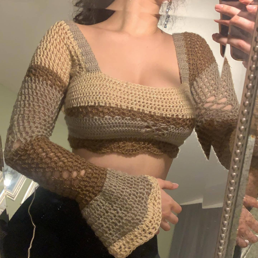Damen virkad crop-top med långa ärmar och udda nederkant Mirla-Eva Jonsson