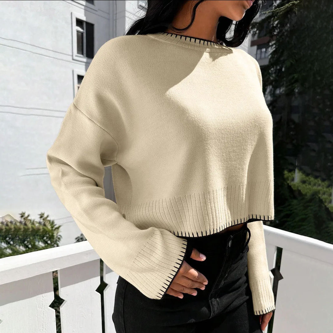 Damens Avslappnad Cropped Tröja med Fin Ribbad Struktur och Elastisk Linning Mirla-Eva Jonsson