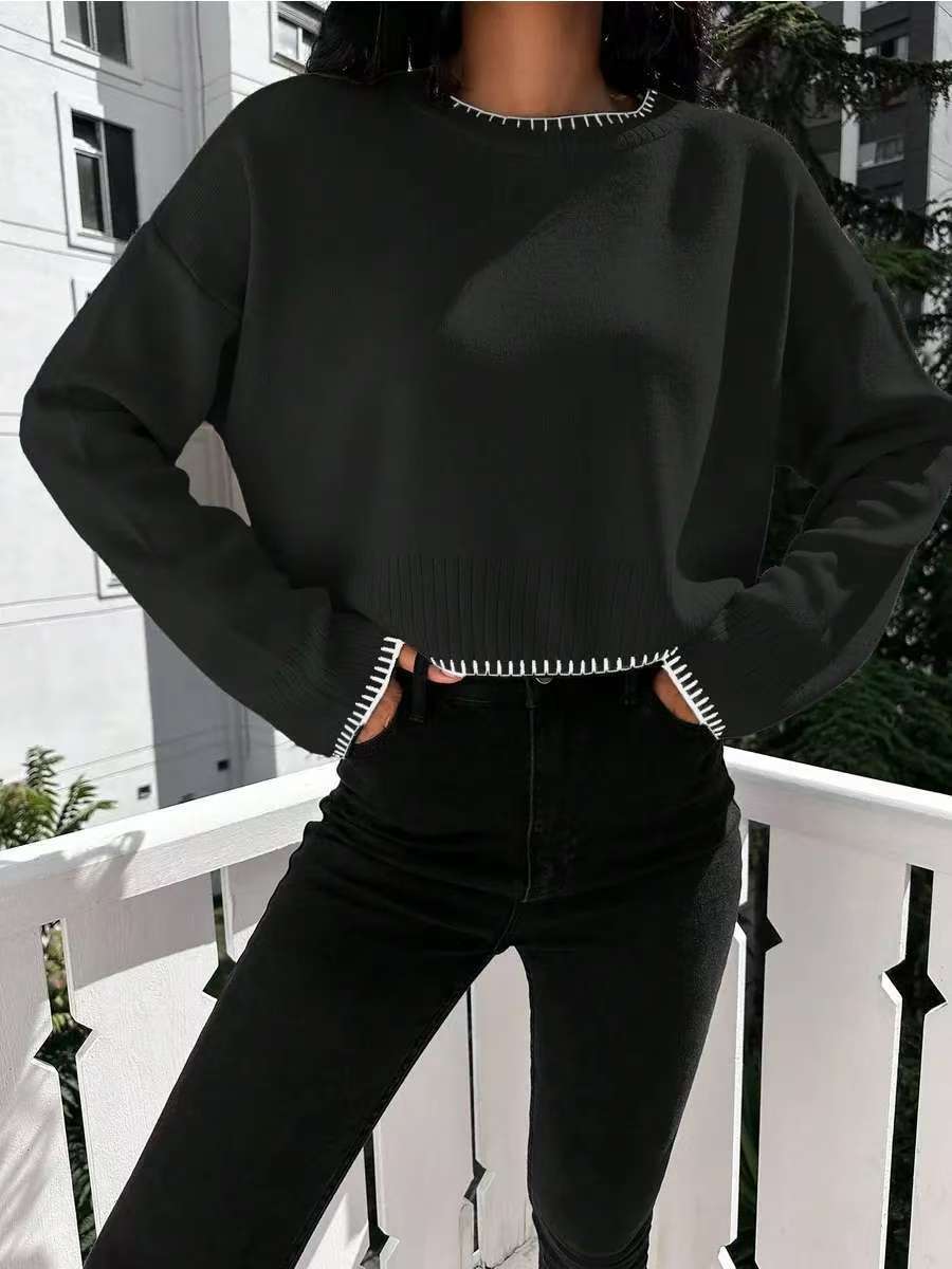 Damens Avslappnad Cropped Tröja med Fin Ribbad Struktur och Elastisk Linning Mirla-Eva Jonsson