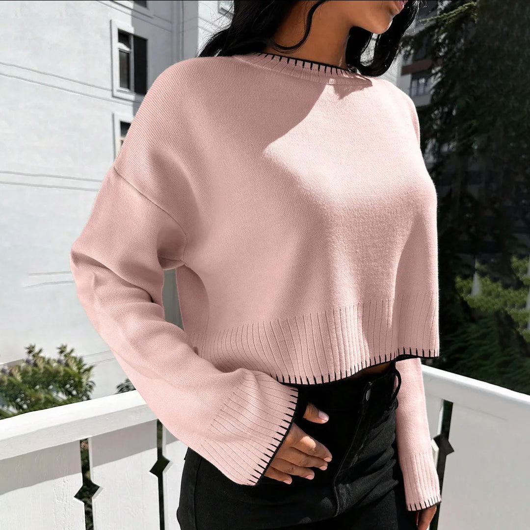 Damens Avslappnad Cropped Tröja med Fin Ribbad Struktur och Elastisk Linning Mirla-Eva Jonsson