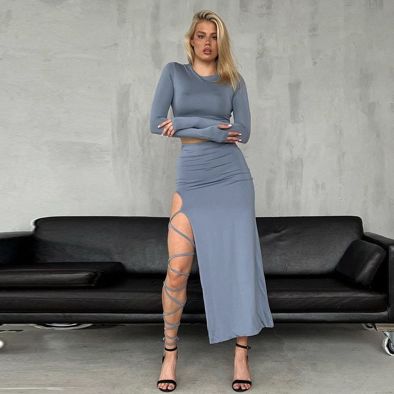 Damens Elegant Crop-Top med asymmetrisk kjol och raffinerad benspricka Mirla-Eva Jonsson