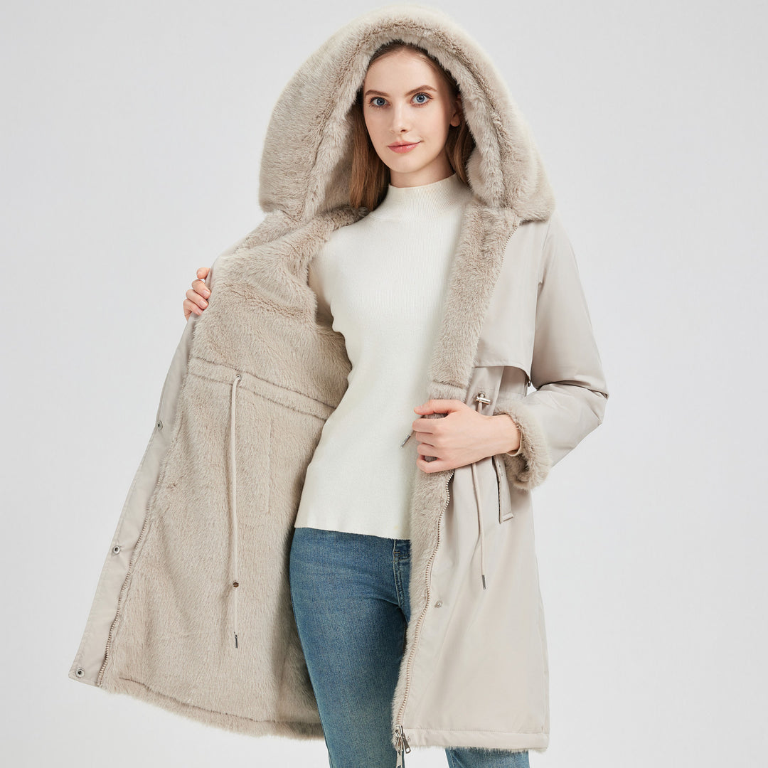 Damens Elegant och varm parkas med avtagbar konstpälskrage och praktiska snördetaljer Eva Jonsson-Eva Jonsson