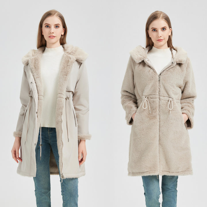 Damens Elegant och varm parkas med avtagbar konstpälskrage och praktiska snördetaljer Eva Jonsson-Eva Jonsson