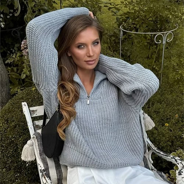 Damens Grov stickad tröja med hög krage och dragkedja Mirla-Eva Jonsson