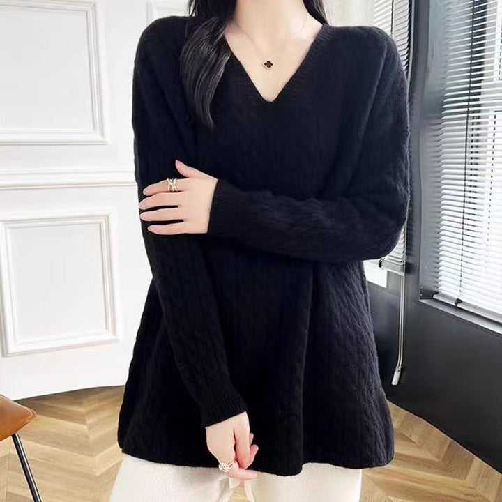 Damens Grovstickad Tröja med V-Ringning och Avslappnad Passform Mirla-Eva Jonsson