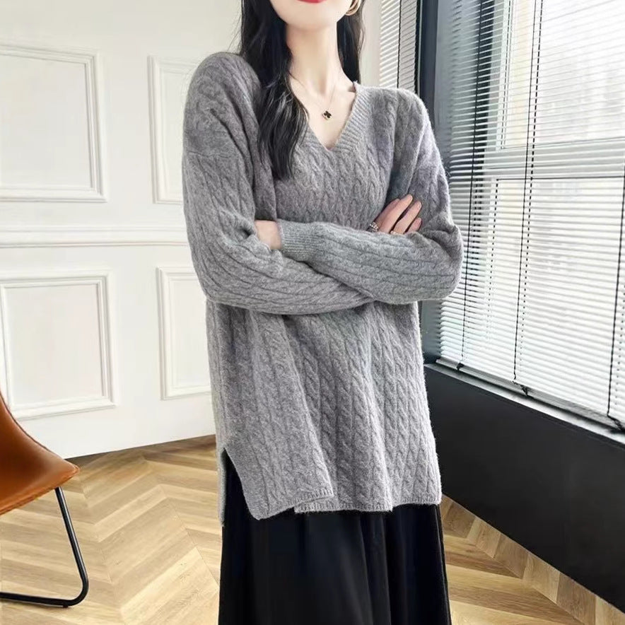 Damens Grovstickad Tröja med V-Ringning och Avslappnad Passform Mirla-Eva Jonsson