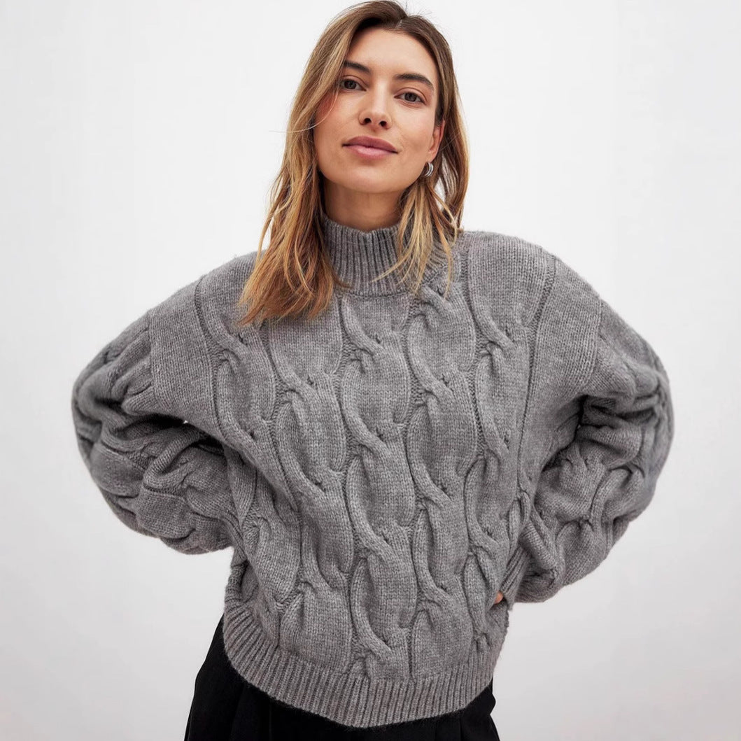 Damens Grovstickad tröja med hög krage och romantisk flätdesign Eva Jonsson-Eva Jonsson