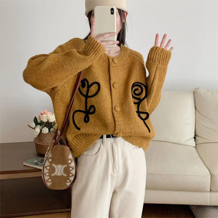 Damens Kramig Stickad Cardigan med kreativt motiv Eva Jonsson-Eva Jonsson