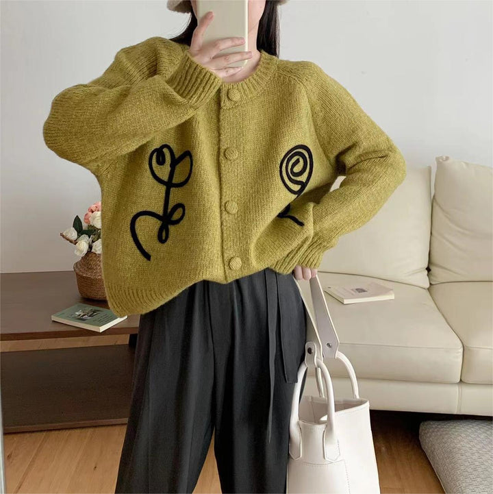 Damens Kramig Stickad Cardigan med kreativt motiv Eva Jonsson-Eva Jonsson