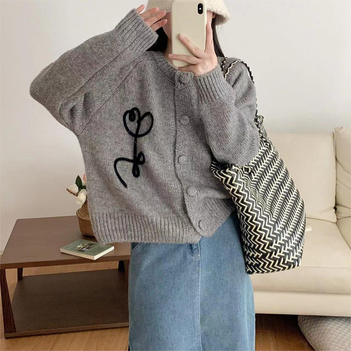 Damens Kramig Stickad Cardigan med kreativt motiv Eva Jonsson-Eva Jonsson