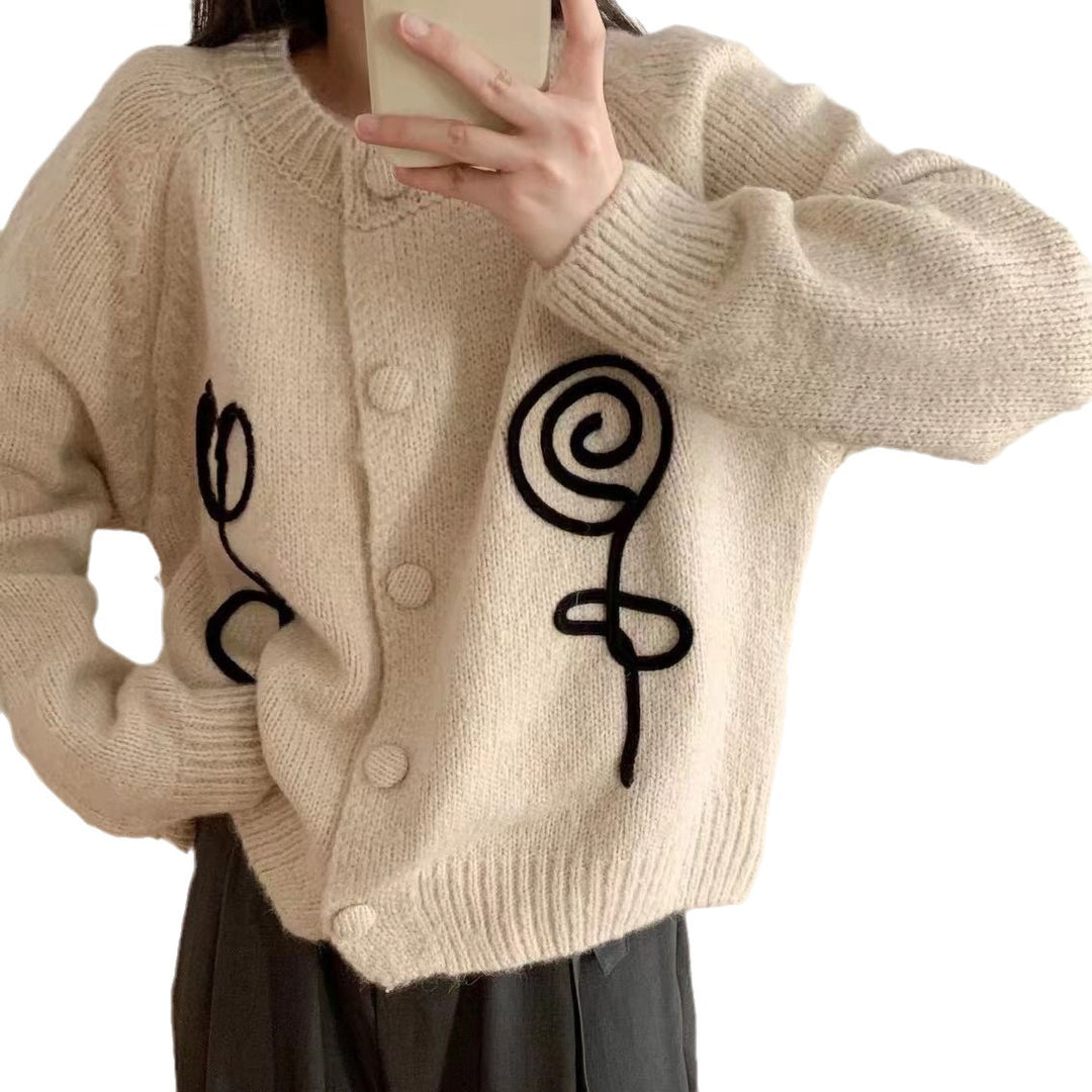 Damens Kramig Stickad Cardigan med kreativt motiv Eva Jonsson-Eva Jonsson