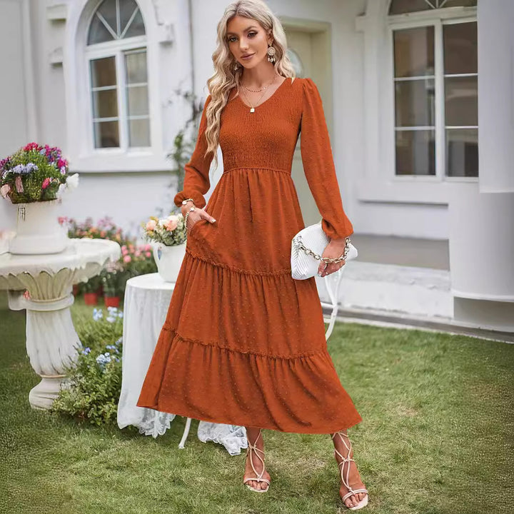 Damens Maxiklänning med ruffles detaljer och elastisk midjeband Mirla-Eva Jonsson