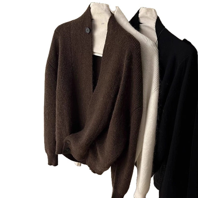 Damens Mode Stickad Cardigan med Trendig Revers Mirla-Eva Jonsson