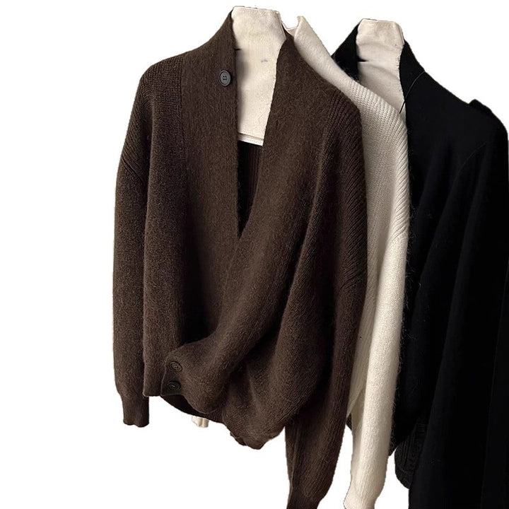 Damens Mode Stickad Cardigan med Trendig Revers Mirla-Eva Jonsson