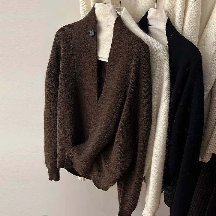 Damens Mode Stickad Cardigan med Trendig Revers Mirla-Eva Jonsson